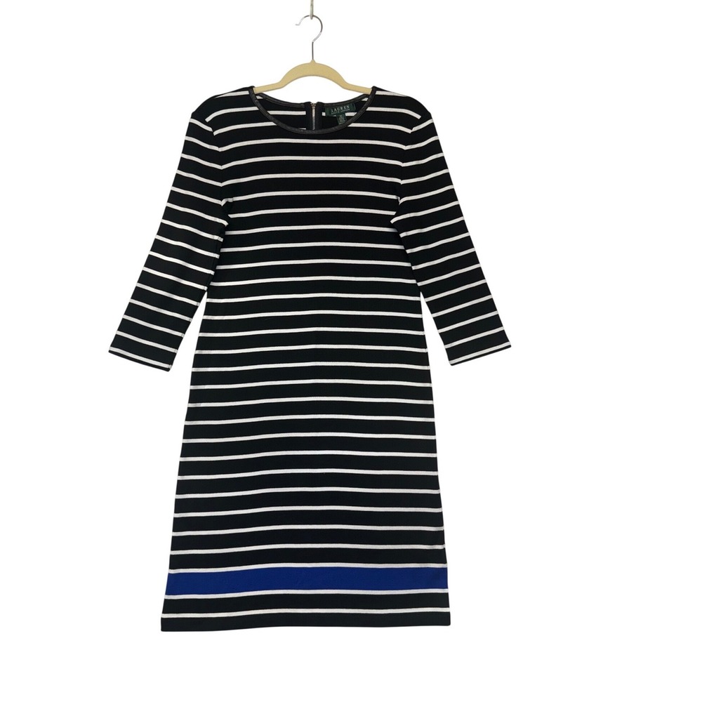 Lauren Ralph Lauren Striped Sheath Dress Faux Leather Nautical Professional M - Picture 2 of 8